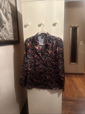 Cache Navy Button-Down Blouse with Gold and Burgundy Chain Print